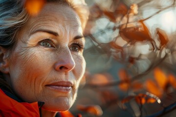 A middle-aged woman stretches her face and neck muscles before a trail run, her expression focused and determined