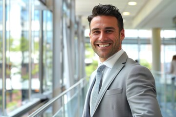 Fototapeta premium A smiling businessman with an office bright background