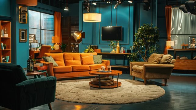 TV studio set decorated with props for a talk show or sitcom.
