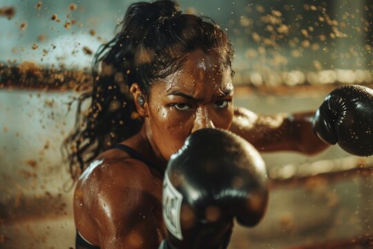 A close-up shot of a female boxer throwing a fierce punch in a boxing ring. Her face is focused and determined, while sweat drips from her body