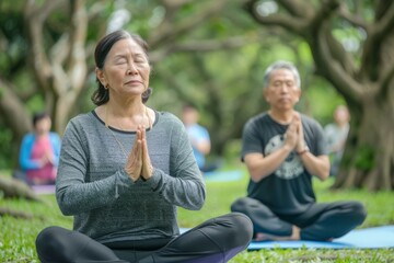 Obraz premium An Asian couple practices yoga together in a peaceful park setting, both with their eyes closed in a meditative pose