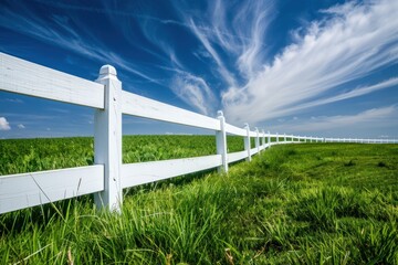 Fototapeta premium A white fence with green grass and blue sky