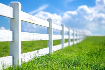 Fototapeta premium A white fence with green grass and blue sky