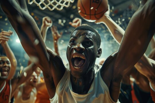 A basketball player throws his arms up in the air in celebration after making a game-winning shot, surrounded by his teammates in jubilation