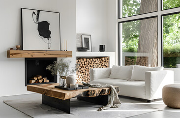 White modern living room with fireplace