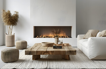 White modern living room with fireplace