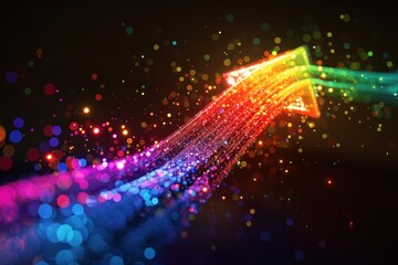 A colorful arrow made of glowing fiber optic cables pointing upwards on a black background
