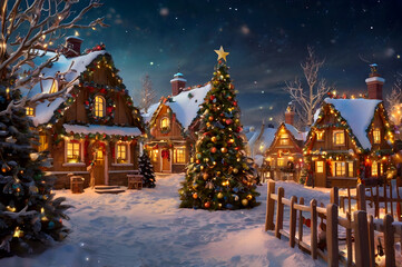 Christmas and new year postcard with illuminated village, cozy houses, decorated christmas trees, festive, magic new year background, winter bokeh, template for design, greeting postcard, copy space.