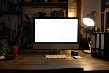 Fototapeta premium A computer mockup white screen glowing , decor, and a dim light from a lamp on a table in a dark office room