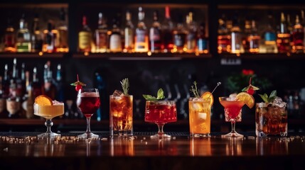 Variety of alcoholic drinks and multi colored cocktails on the reflective surface of bar counter. Blurred shelves with bottles on background.