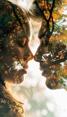 Double exposure of romantic couple facing each other, blended with autumn foliage, creating a dreamy and intimate mood.