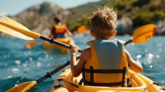 A young boy is kayaking in clear blue waters with a yellow kayak and wearing a life jacket, showing an adventurous spirit in a natural setting.
