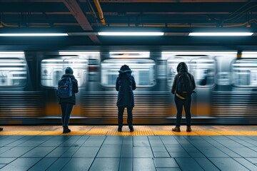 A hasty train passing by three individuals on a subway platform, underscoring vibrant city living