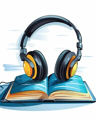 Headphones placed on an open book, representing the concept of audiobooks and the fusion of reading and listening.