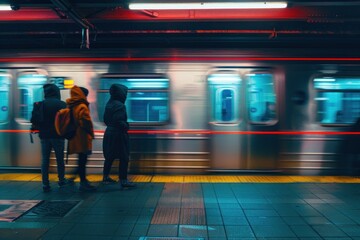 Fototapeta premium A hasty train passing by three individuals on a subway platform, underscoring vibrant city living