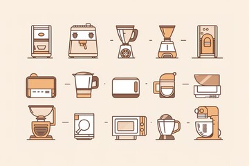 kitchen appliances line icon set with microwave, fridge, gas stove, mixer