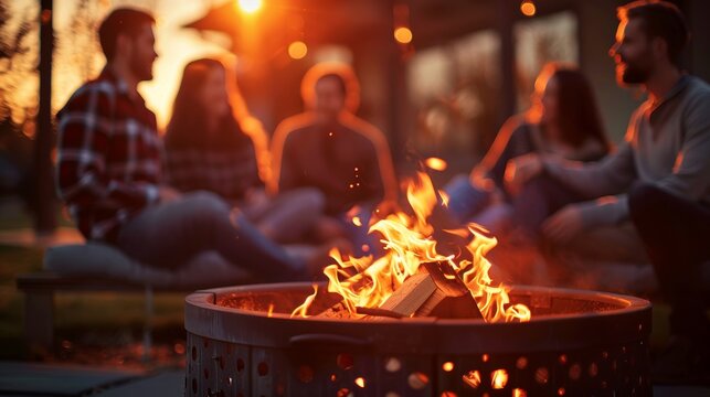 Friends gathering around a fire pit against a fiery red - Outdoor warmth bonding during cold nights -