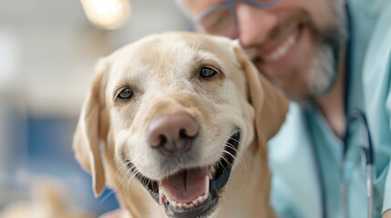 A close-up image of a happy dog with a veterinarian smiling in the background, capturing the essence of joyful interaction and trust in a veterinary clinic.