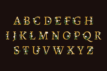 Golden alphabet with elegant flowers