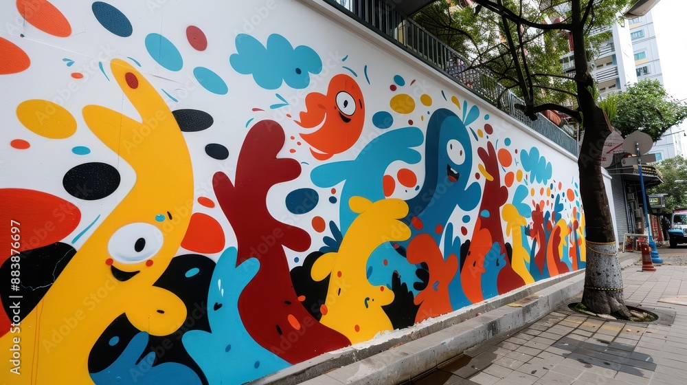 Aufkleber this mural features an array of colorful, whimsical abstract characters and shapes, painted vibrantl