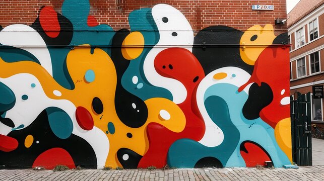 A large, colorful abstract mural painted on an urban brick wall, featuring dynamic shapes and vivid colors, representing modern street art and creative expression.