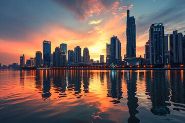 Fototapeta premium Big city skyline reflected in water during sunset, skyline at sunset, with a beautiful orange and pink sky reflecting off the skyscrapers, AI generated
