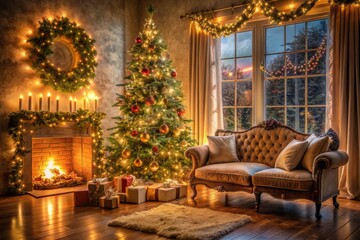 Cozy Christmas eve ambiance: soft garland lights illuminate a decorated room, a Christmas tree stands tall, and a plush sofa beckons, radiating warmth and festive cheer.