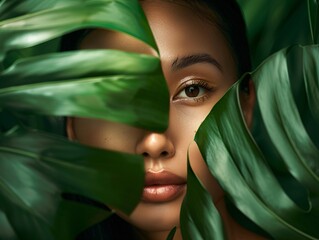 a woman with a leaf behind her