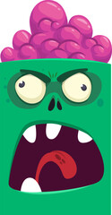 Cartoon funny green zombie character design with scary face expression. Halloween vector illustration isolated on white. Party poster, package design 