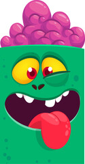 Cartoon funny green zombie character design with scary face expression. Halloween vector illustration isolated on white. Party poster, package design 