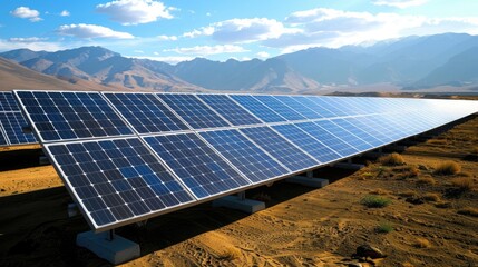 An array of solar panels on a desert plain, harnessing energy with mountains in the background