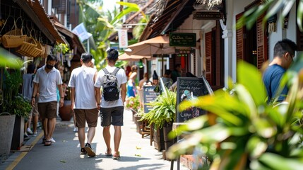 Naklejka premium A bustling pedestrian street lined with various small shops, cafes and decorated with lush greenery under the bright summer sun, showcasing everyday urban life.