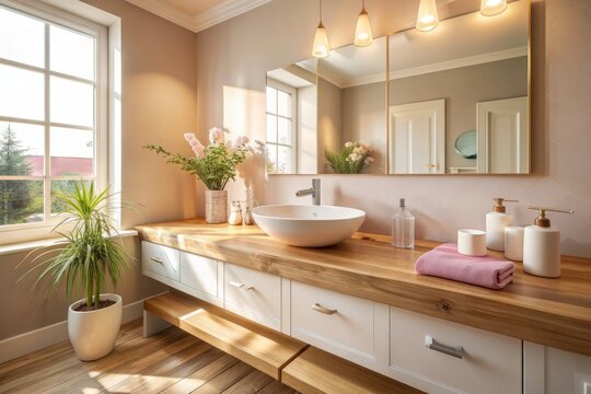 Natural light pours into a serene bathroom featuring a white sink atop a warm wooden countertop, surrounded by soothing beige and pink hues, exuding calmness.