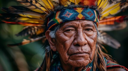 Fototapeta premium Portrait of an indigenous Amazonian an in traditional coloring and colored feathers.