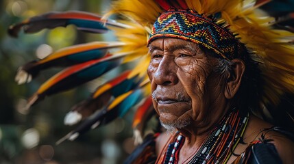 Portrait of an indigenous Amazonian an in traditional coloring and colored feathers.