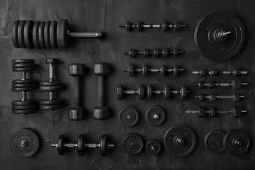 A flat lay composition showcasing an assortment of black fitness equipment, including dumbbells, weight plates, and kettlebells, neatly arranged on a black surface