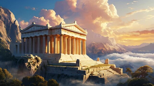 Mount Olympus, the magnificent house of the Greek gods, surrounded by clouds