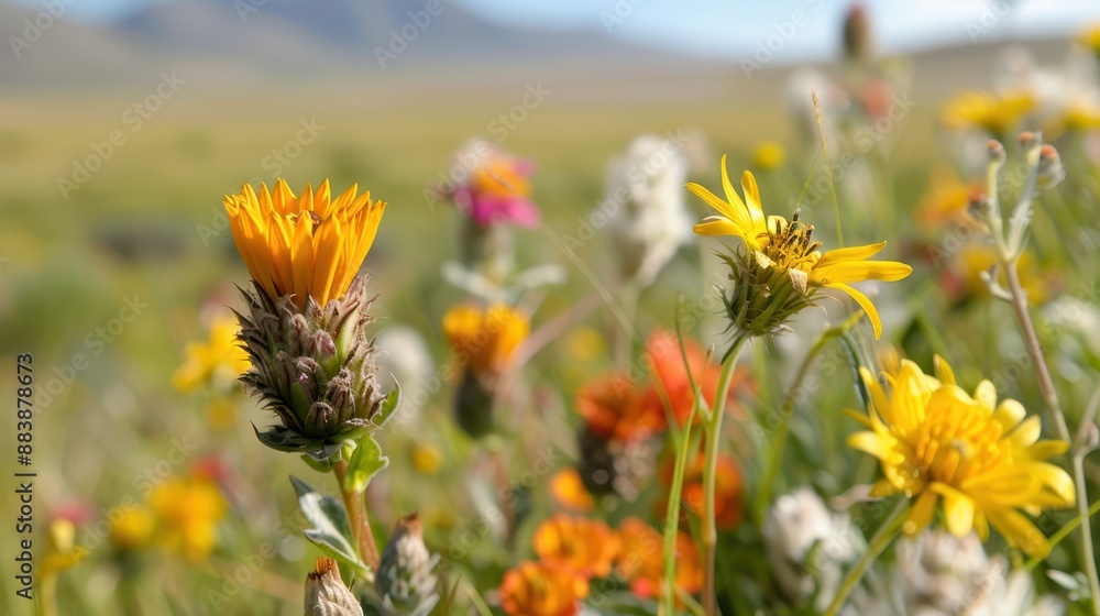 Poster this image showcases a vibrant array of wildflowers in full bloom within a colorful meadow, set agai