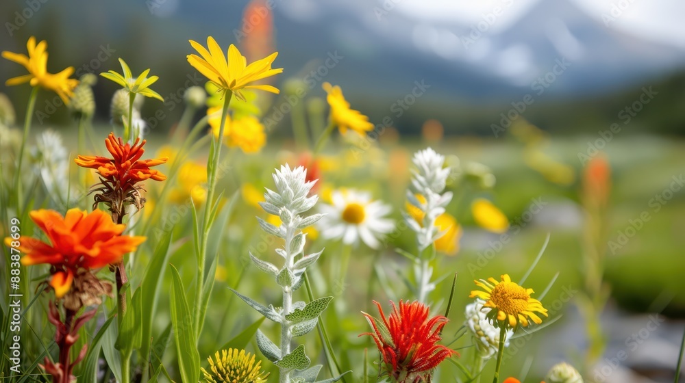 Poster this stunning image features a colorful array of wildflowers blooming in a field with rolling green 