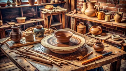 A rustic wooden table holds a half-crafted clay mold, pottery tools, and a spinning wheel, surrounded by clay specks, showcasing a creative art concept in progress.