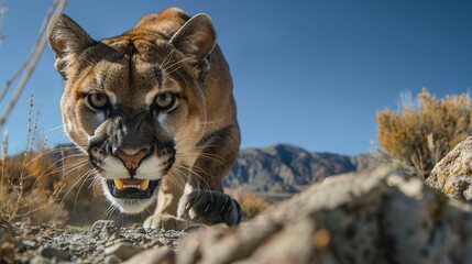a cougar walking on rocks