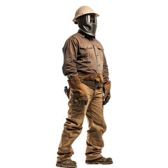 A worker in protective gear stands confidently, wearing a helmet and gloves, isolated on a white background.