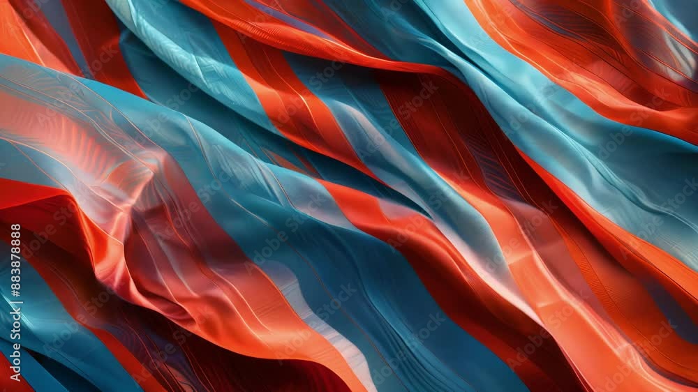 Poster bold stripes of red and blue fabric dance in the breeze adding a pop of color to the serene scene.