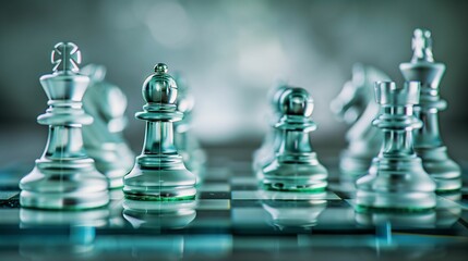 Close-Up of Glass Chess Pieces on a Reflective Chessboard