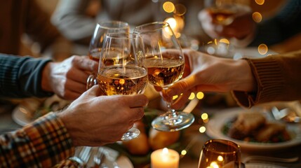 A group of Scottish friends enjoying a traditional Burns Supper reciting poetry and toasting to the haggis with a dram of whisky. Concept of cultural tradition and conviviality.