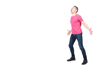 Fototapeta premium Furious male screaming with closed eyes isolated on white background