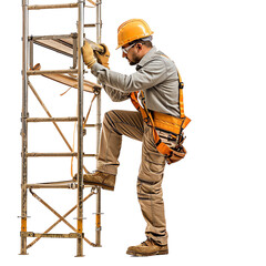 Construction worker climbing scaffolding, wearing safety gear and helmet, ascending a ladder, industrial, professional setting.