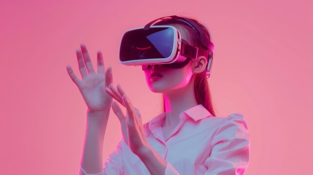 Young Asian woman in VR headset experiencing virtual reality on pink background, gesturing with hands. - Powered by Adobe