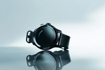 A close-up of a modern, black smartwatch with a customizable digital display. The watch is resting on a reflective surface, creating a mirror image