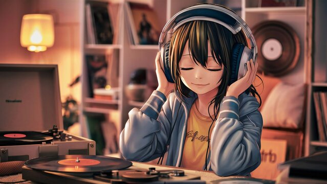Beautiful anime girl listening to lofi hip hop music with headphones. Manga, cartoon drawing.